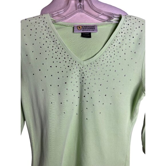 Christine Alexander Women's V-Neck Top W/Rhinestones Small Light Green 3/4 Sleev - Picture 2 of 9